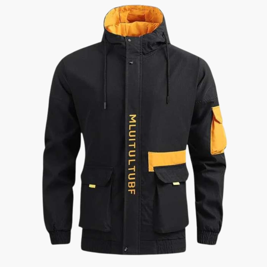 Hooded casual jacket for men in black with orange lining, yellow accents and front pockets by Wilfred Smith