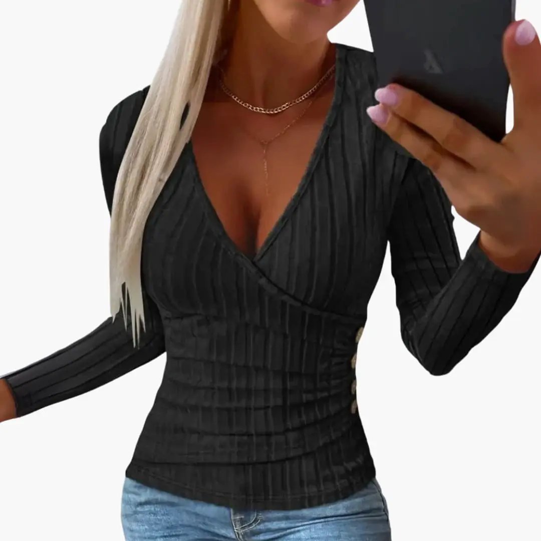 Women's V-neck ribbed sweater with side buttons in black by Wilfred Smith