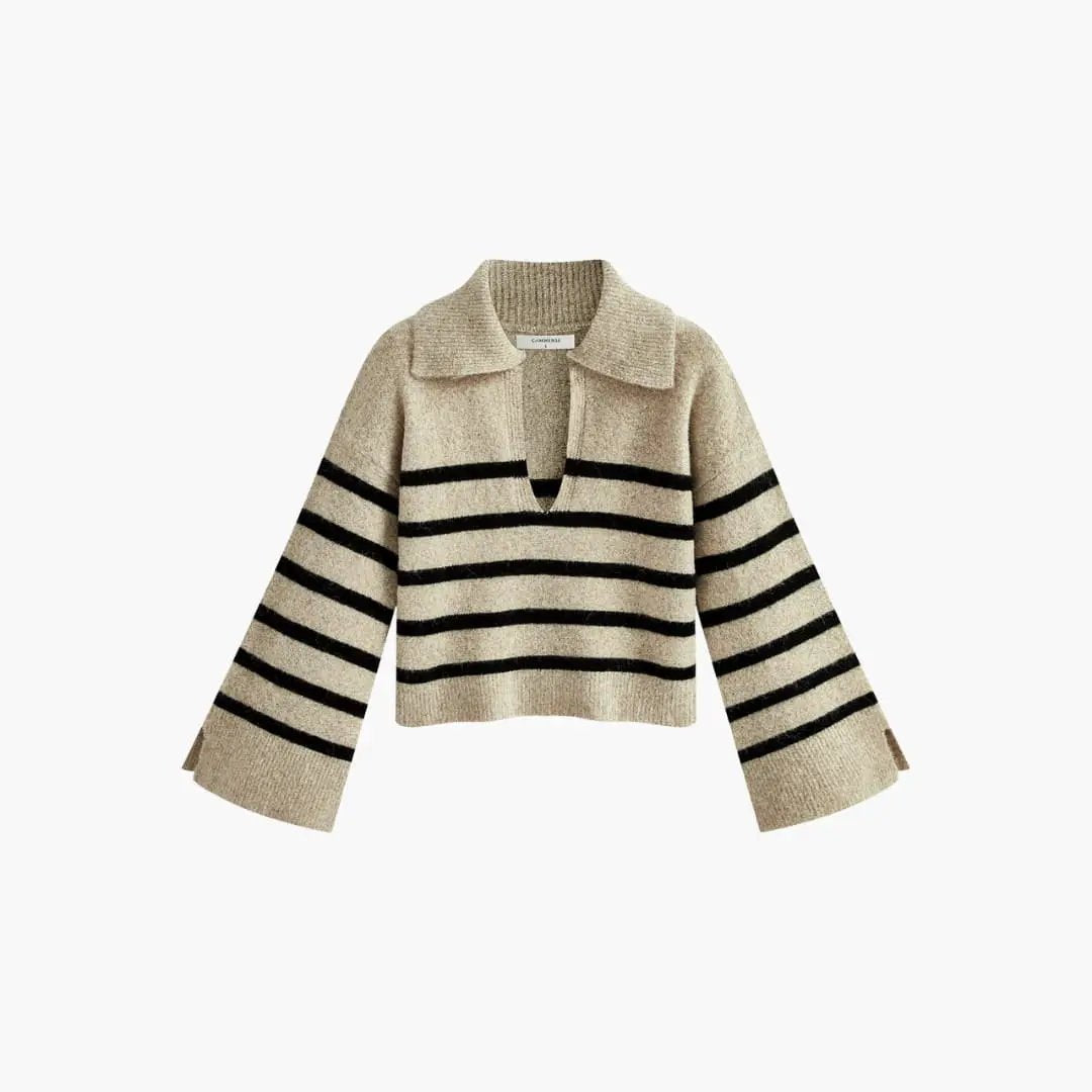 Women's V-neck striped oversized pullover sweater in beige with black stripes by Wilfred Smith