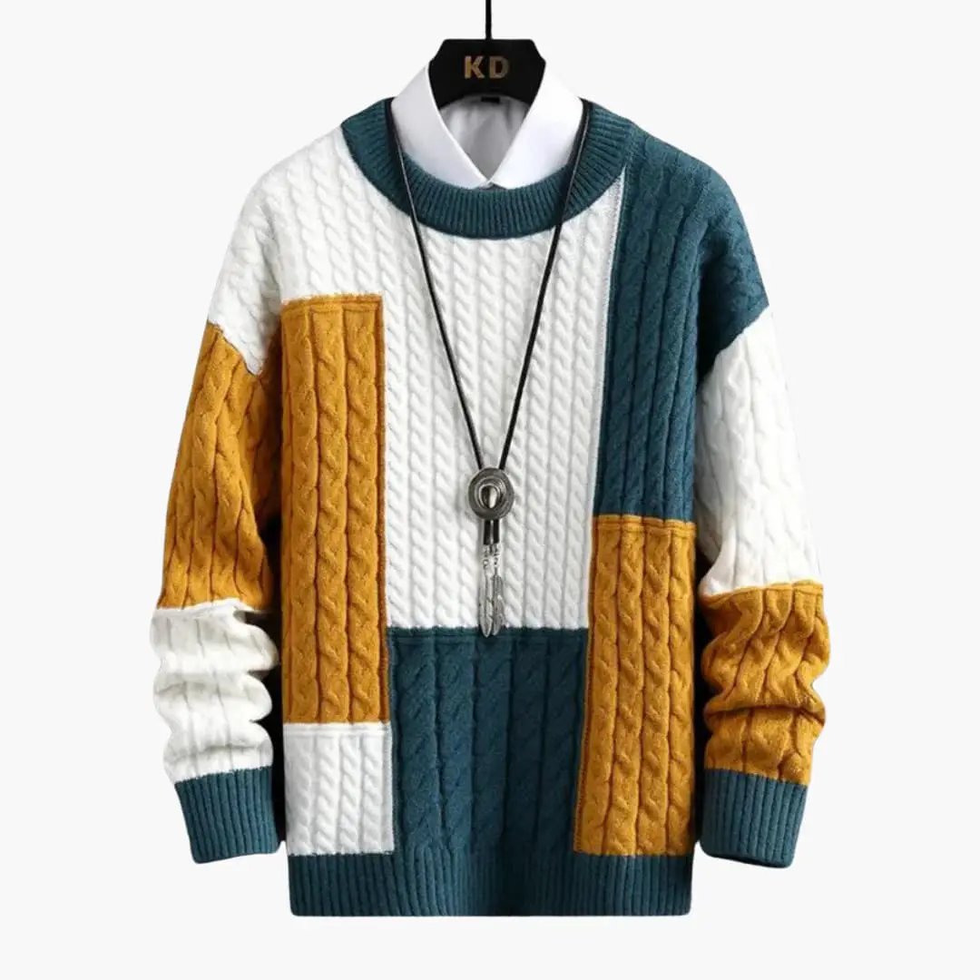 Men's round-neck cable-knit sweater, color-blocked teal, white, and mustard; Wilfred Smith