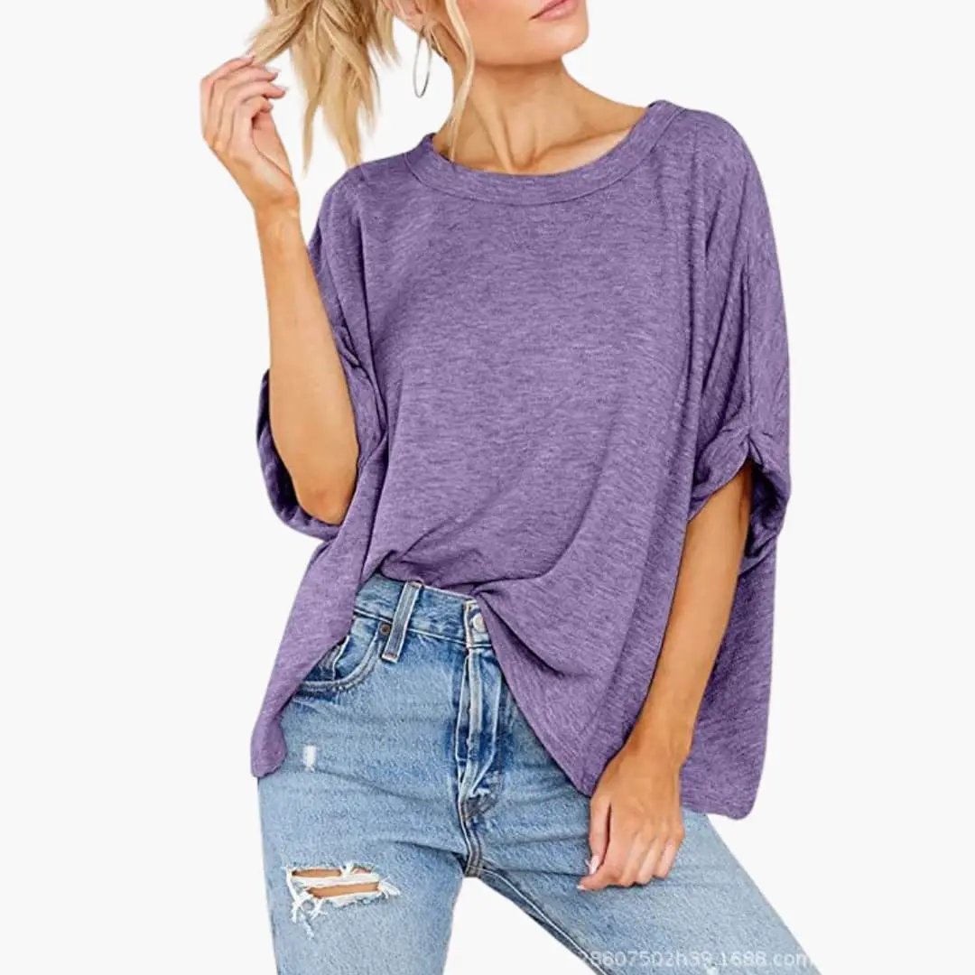 Women’s Oversized Crew Neck Rolled Sleeve T-Shirt in purple, loose fit
