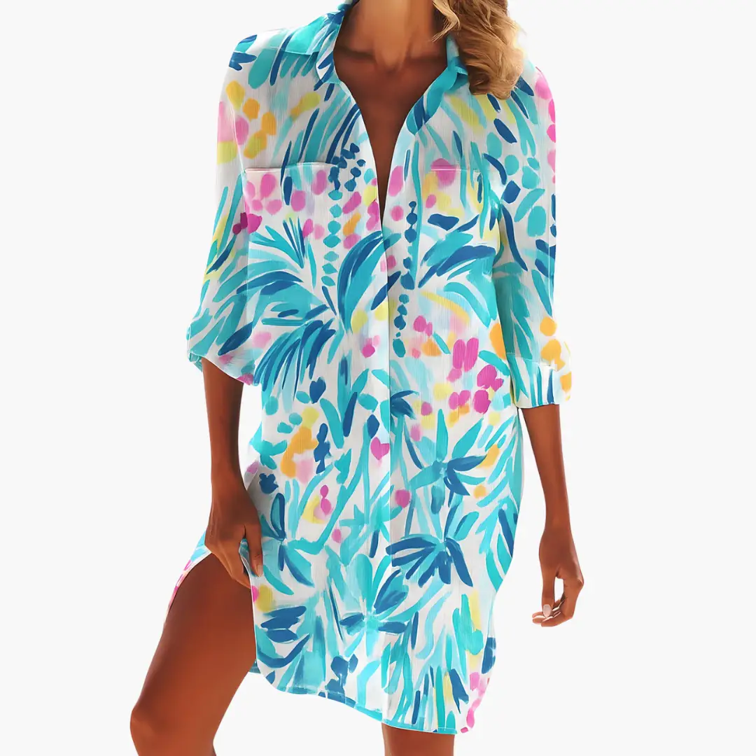 Wilfred Smith women's shirt dress with long sleeves in a tropical blue print