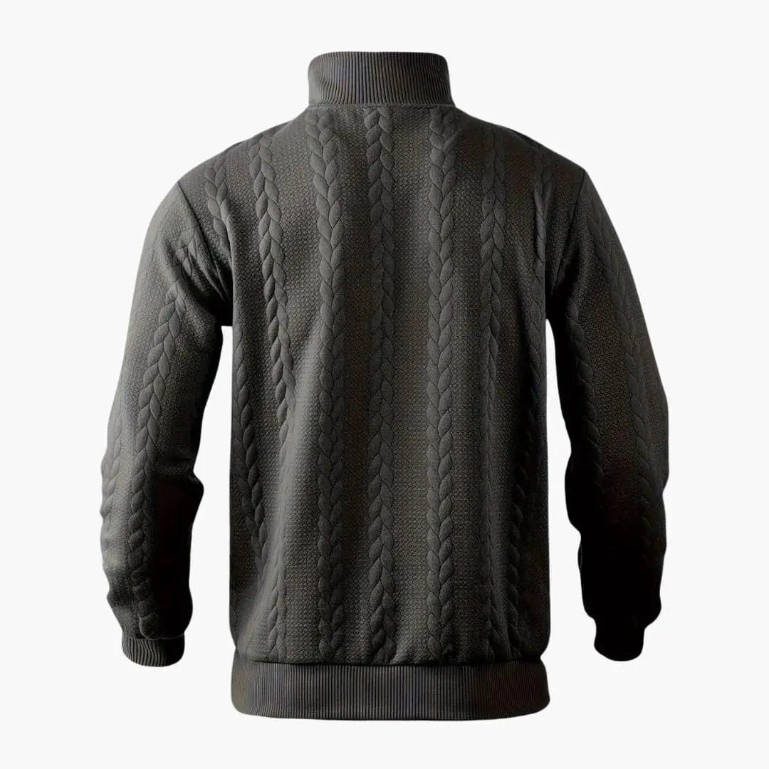 Men's dark gray cable-knit pullover sweater with ribbed cuffs and hem, back view