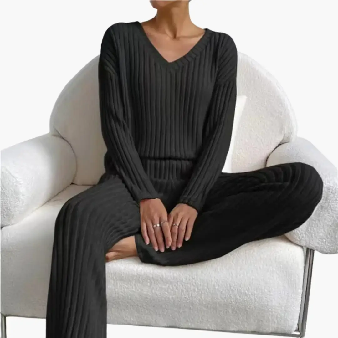 Women's ribbed knit lounge set with V-neck, black; Wilfred Smith two-piece loungewear.