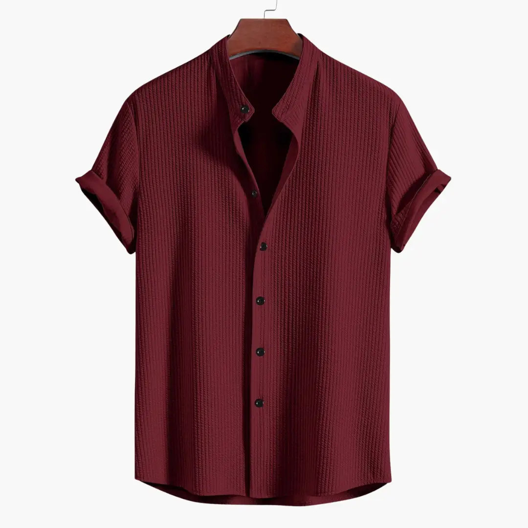 Men's shirt with stand collar, burgundy ribbed texture, button-front