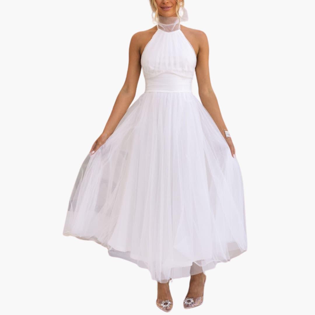 Women's Halter-Neck Tulle Dress by Wilfred Smith, white midi party dress