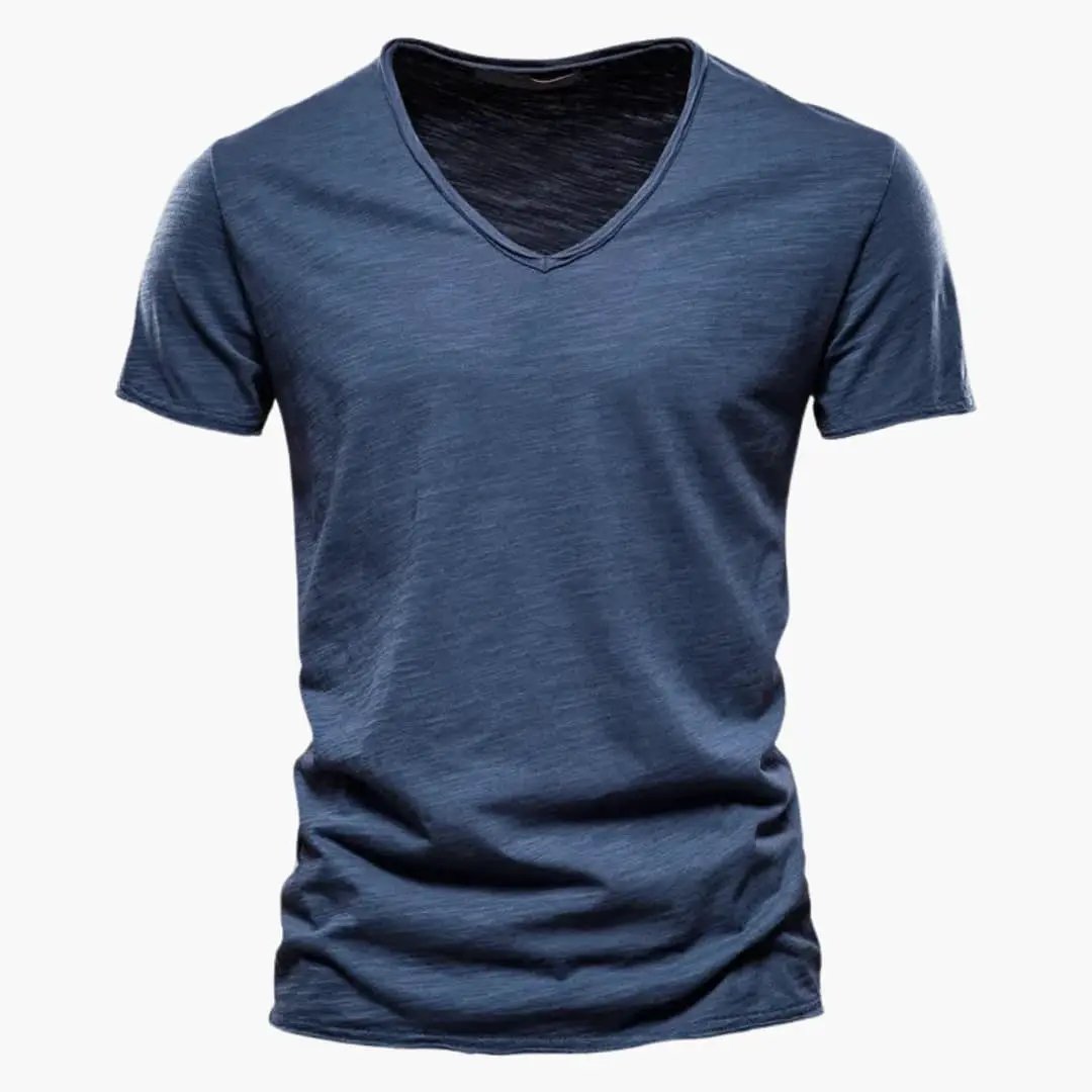 Light Summer Shirt for Men by Wilfred Smith - blue V-neck short-sleeve T-shirt.