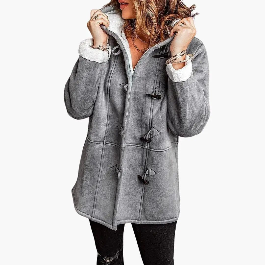 Women's gray hooded duffle jacket with toggle closures by Wilfred Smith