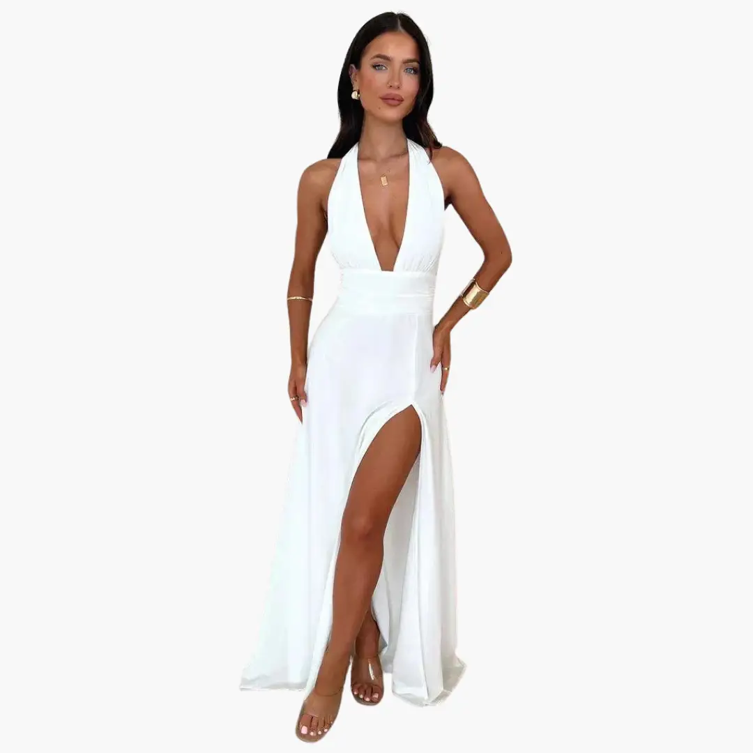 Maxi dress with halter neck and thigh-high slit in white for women's evening wear