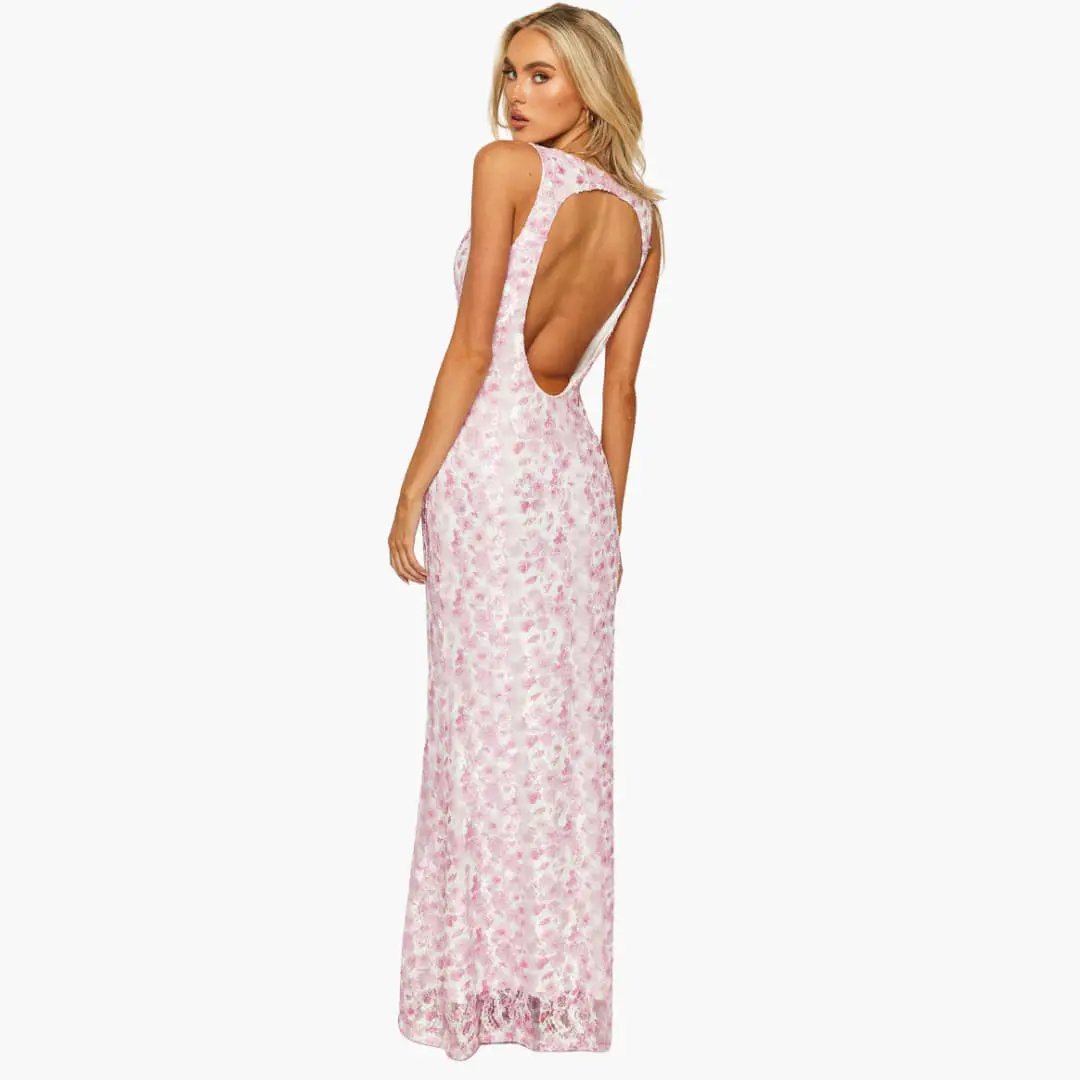 Lace maxi dress, pink floral lace with open-back design for women