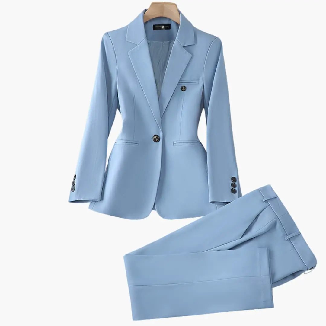 Blazer set for women by Wilfred Smith in light blue, two-piece with lapel and front button closure