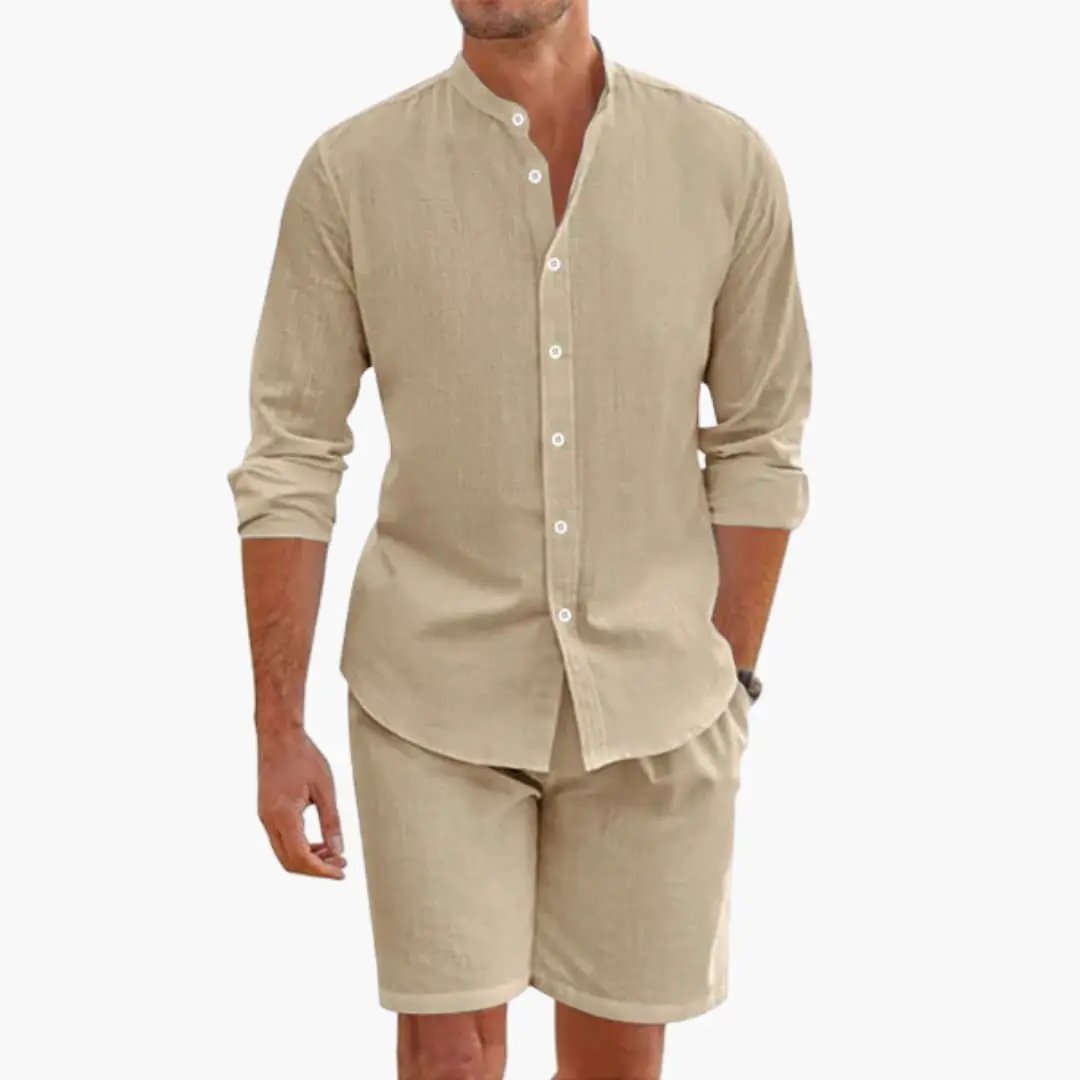 Men's Summer Two-Piece Linen Blend Shirt and Shorts set in beige