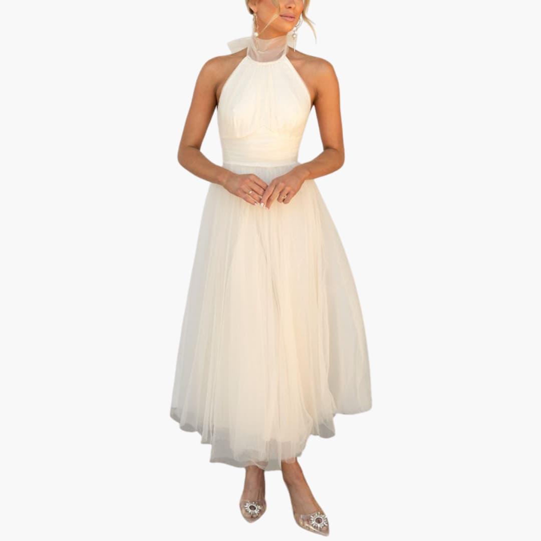 Women's ivory halter-neck tulle midi dress by Wilfred Smith, elegant party dress.