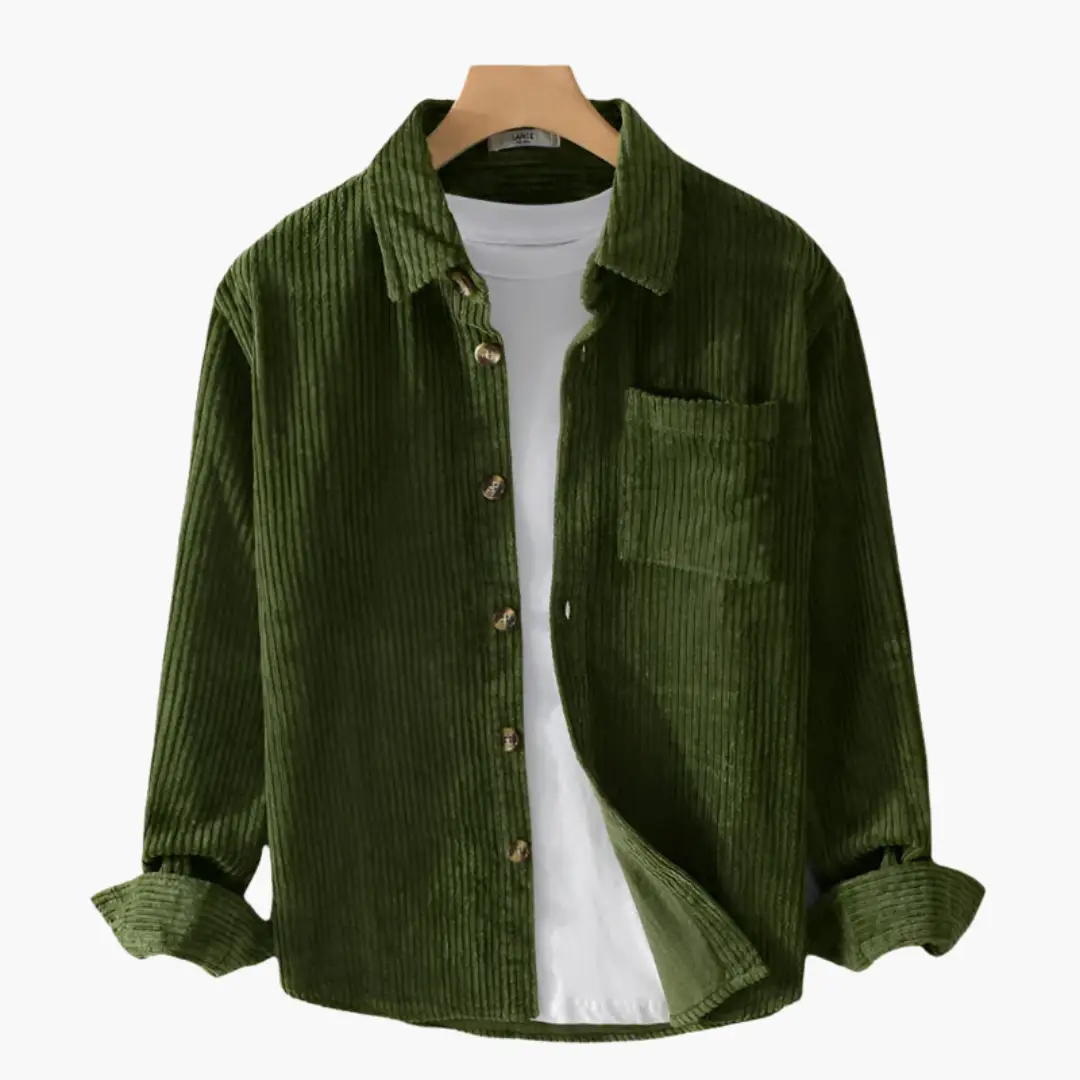 Corduroy overshirt for men by Wilfred Smith in green with long sleeves, chest pocket and front button placket