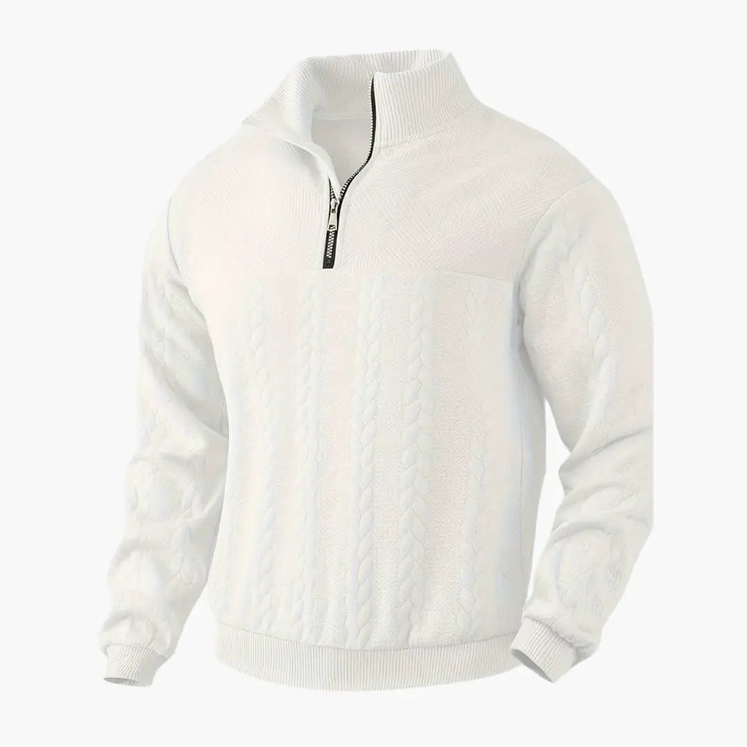 Pullover für Männer Wilfred Smith, weißer Kabelstrick-Halbzippullover mit Stehkragen