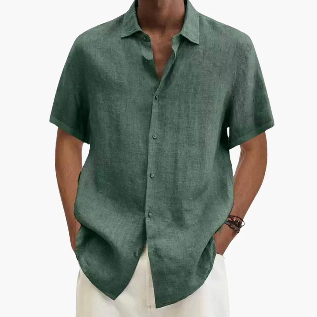 Men's short-sleeve shirt with button placket in green linen by Wilfred Smith