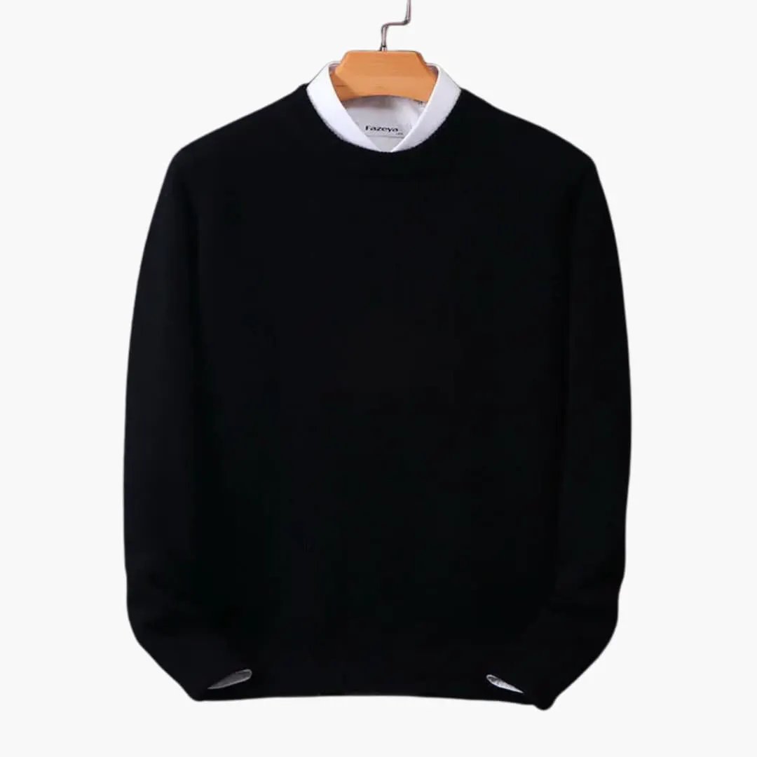 Fine Knit Sweater for Men, black pullover on hanger with white collar peeking