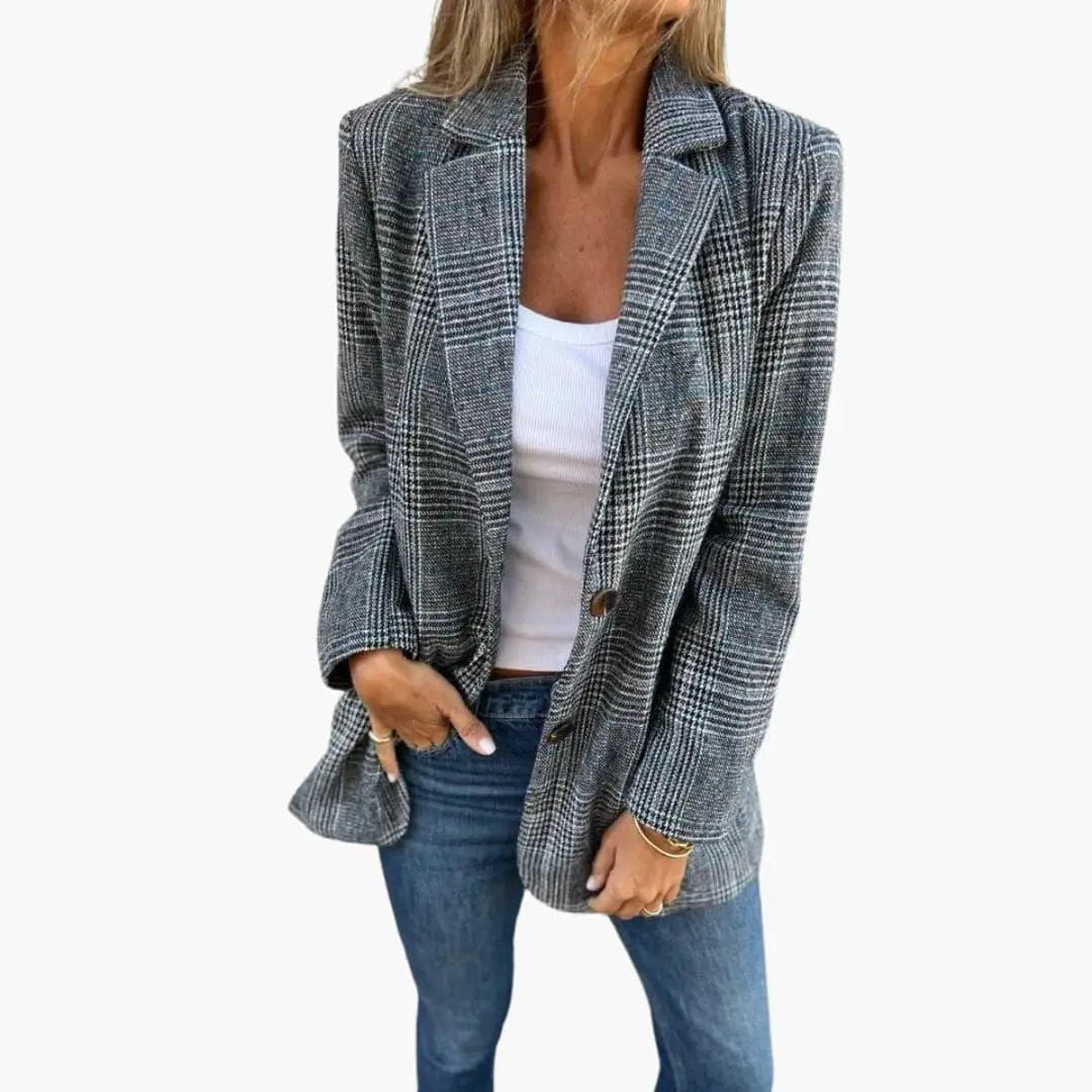 Checked blazer for women by Wilfred Smith, tailored slim fit, blue-gray plaid.