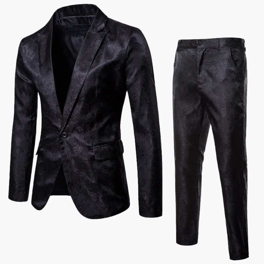 Two-piece black jacquard wedding guest suit with textured blazer and matching trousers