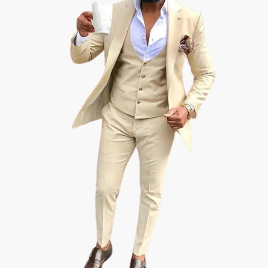 Men's beige three-piece suit set by Wilfred Smith with breathable all-season fabric.