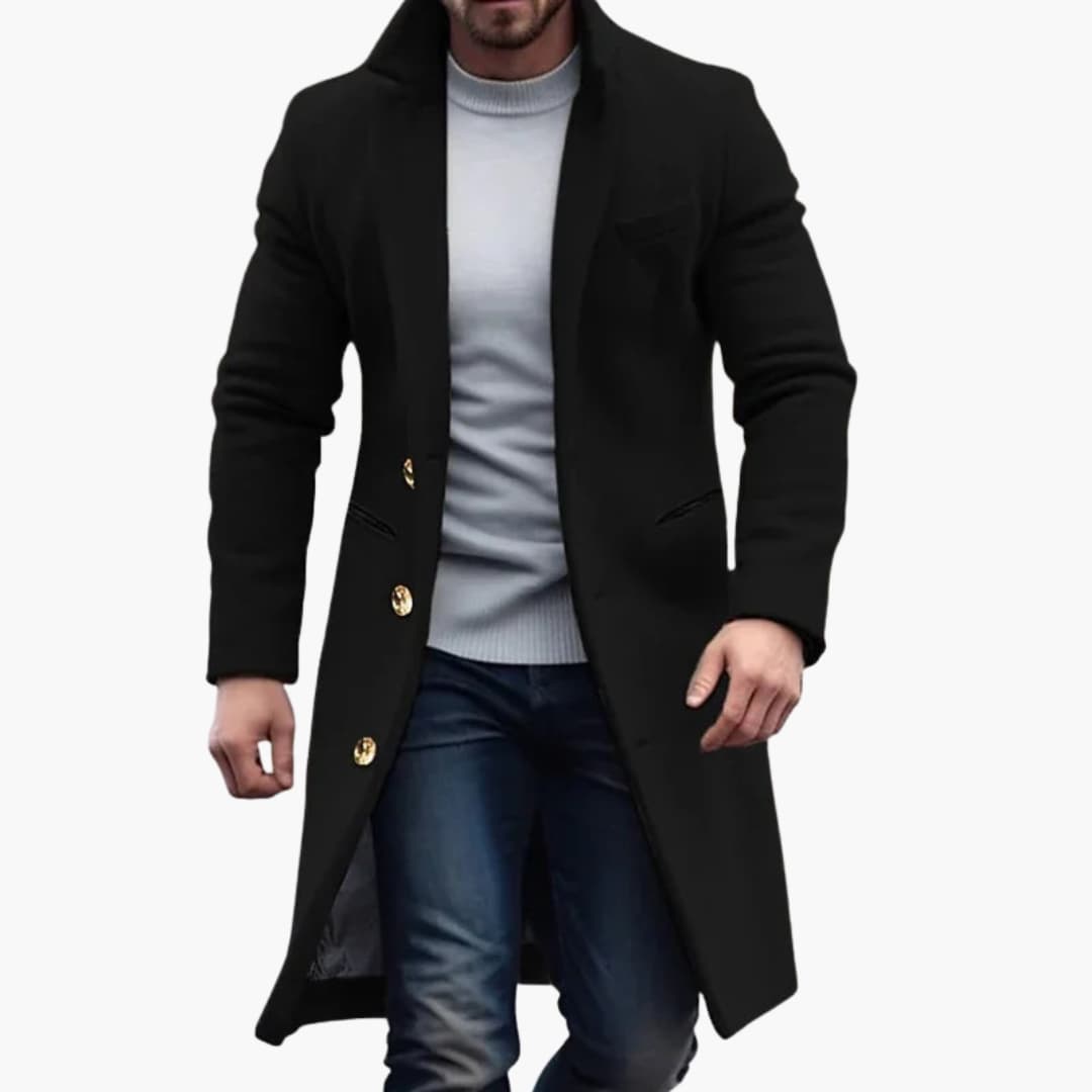 Men's long black coat with notched lapels and gold-button closure.