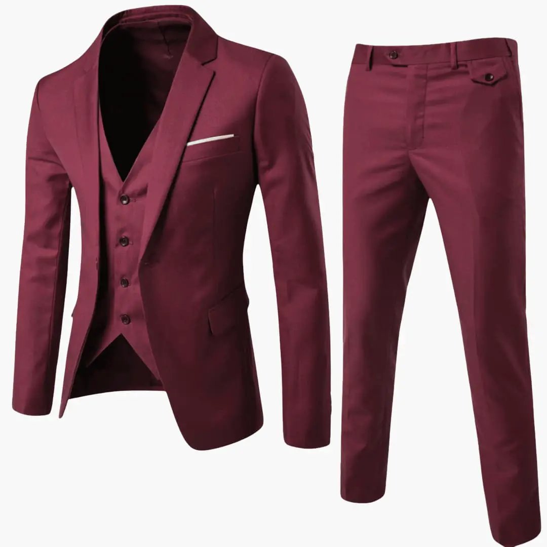 Men's Summer Three-Piece Suit with Jacket and Vest by Wilfred Smith in burgundy