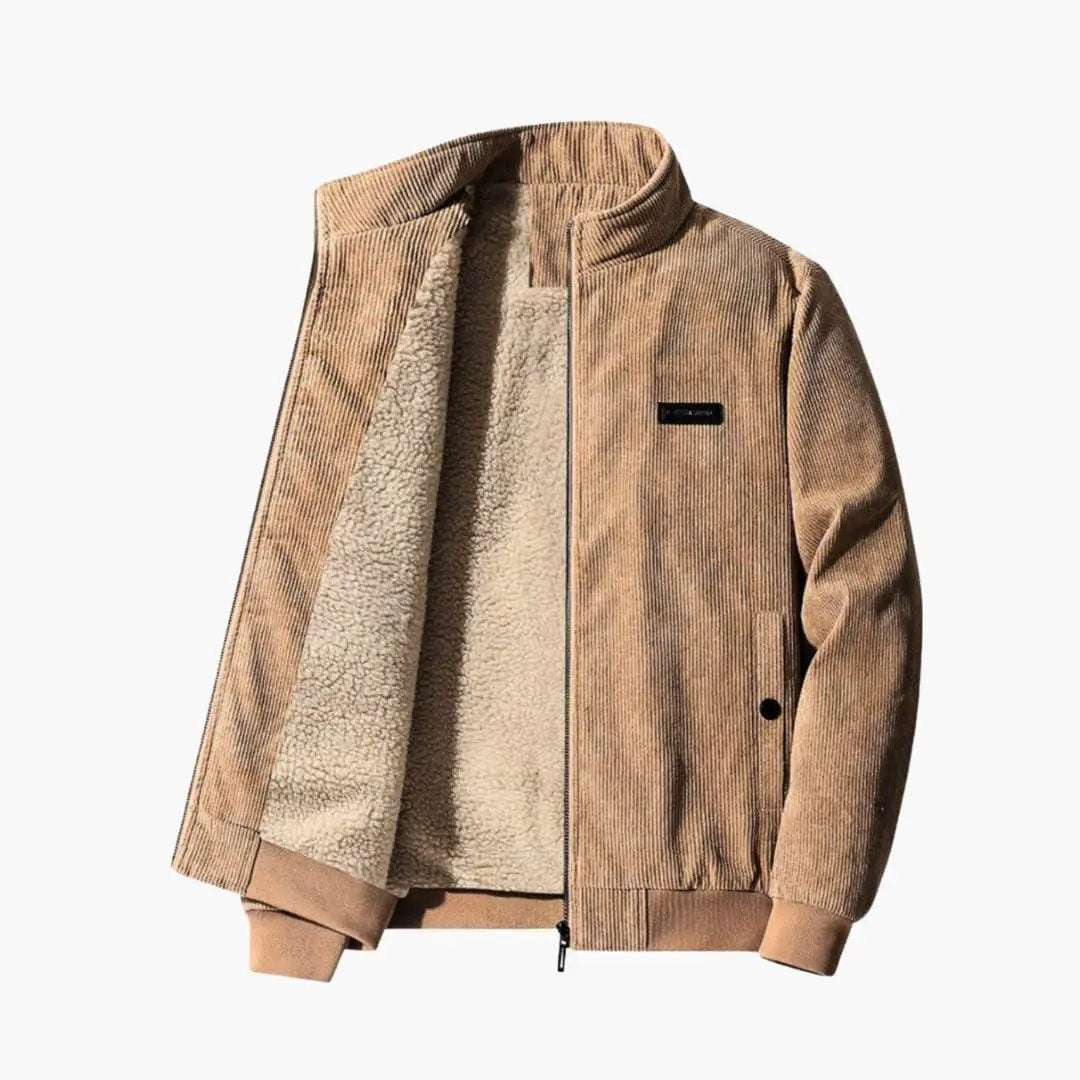 Corduroy jacket for men by Wilfred Smith, tan with sherpa lining, zip front, ribbed cuffs