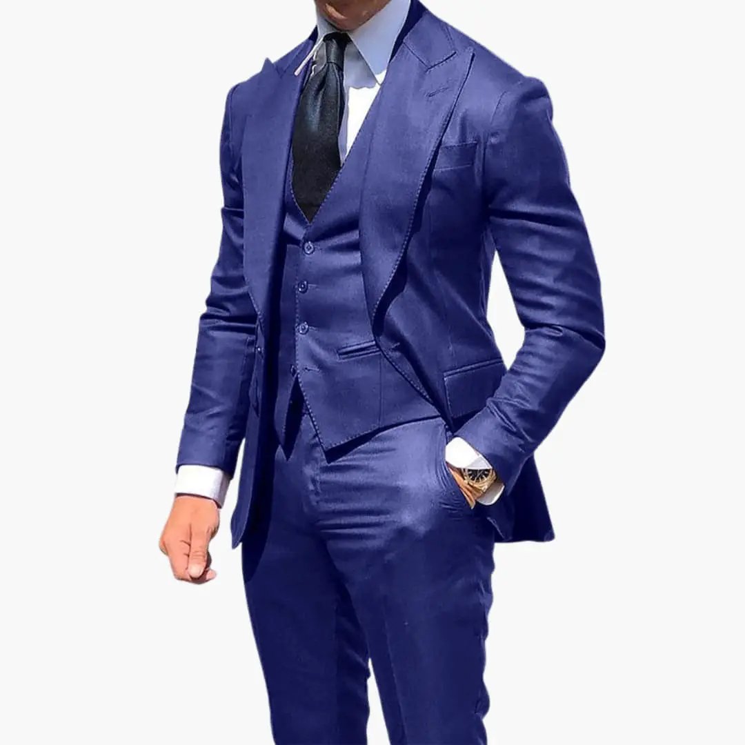 Men's three-piece blue suit set with jacket, vest, and pants for formal wear