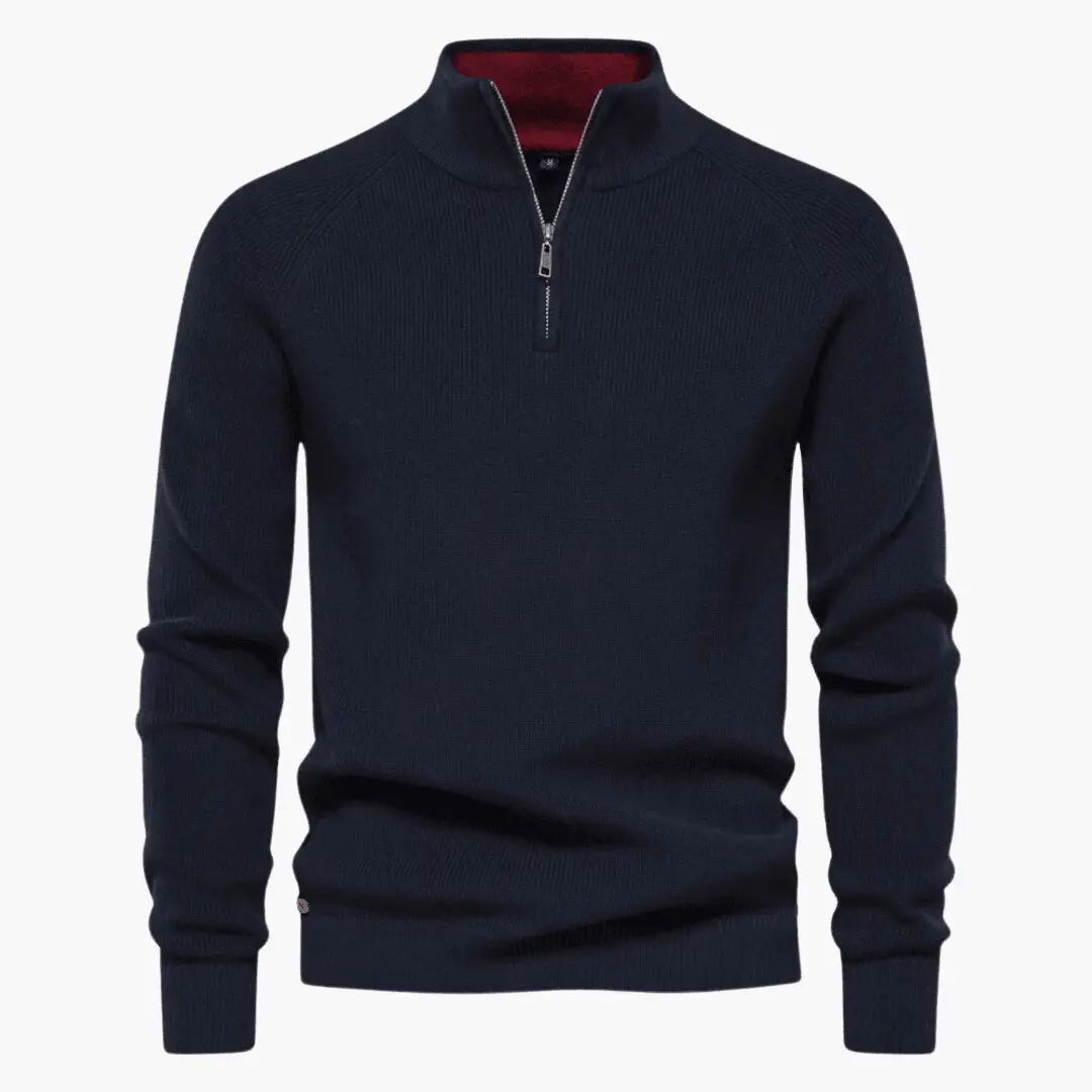 Men's navy knitted pullover sweater by Wilfred Smith with zip neck and red inner collar
