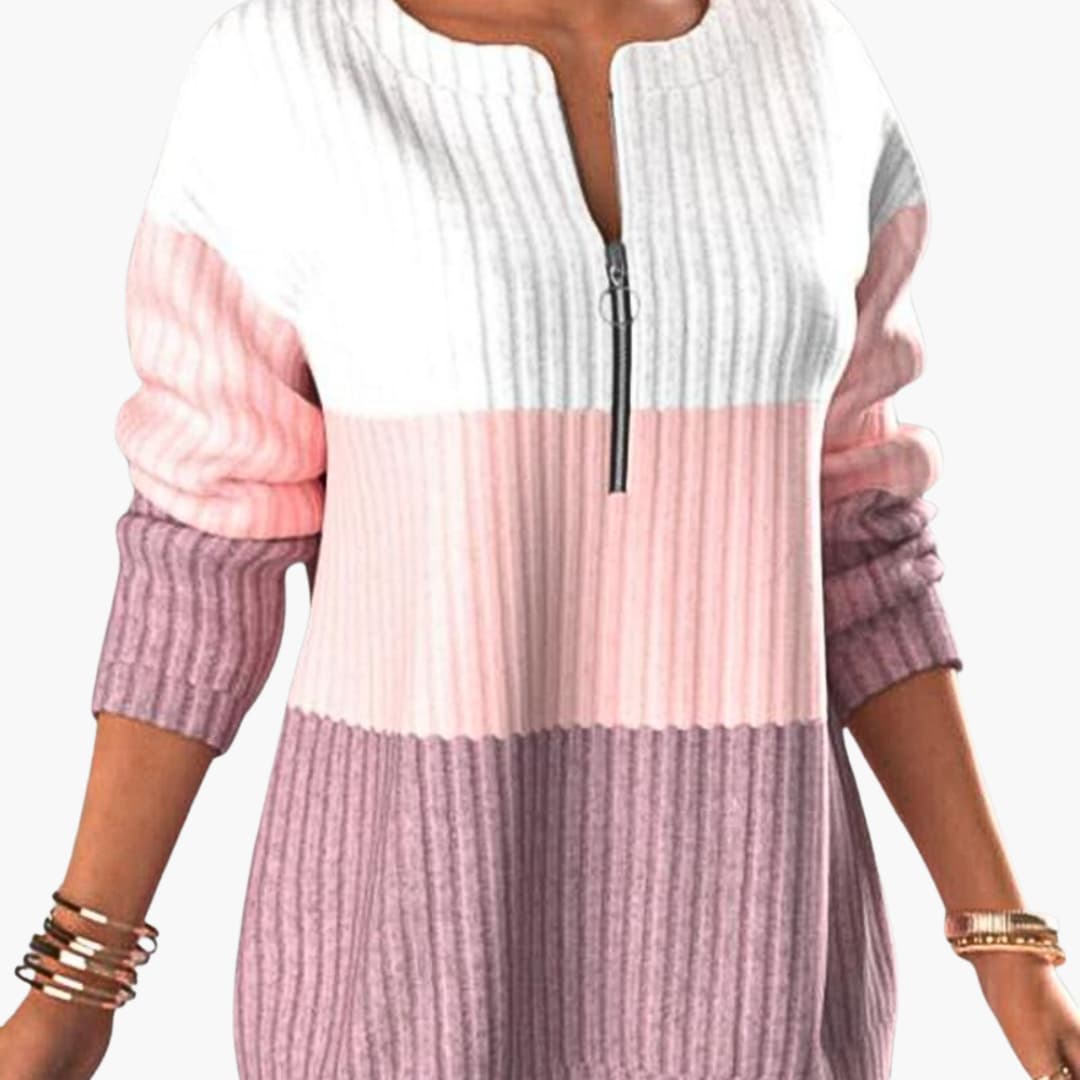 Women's ribbed pullover with zip neckline in a white-pink-purple gradient by Wilfred Smith