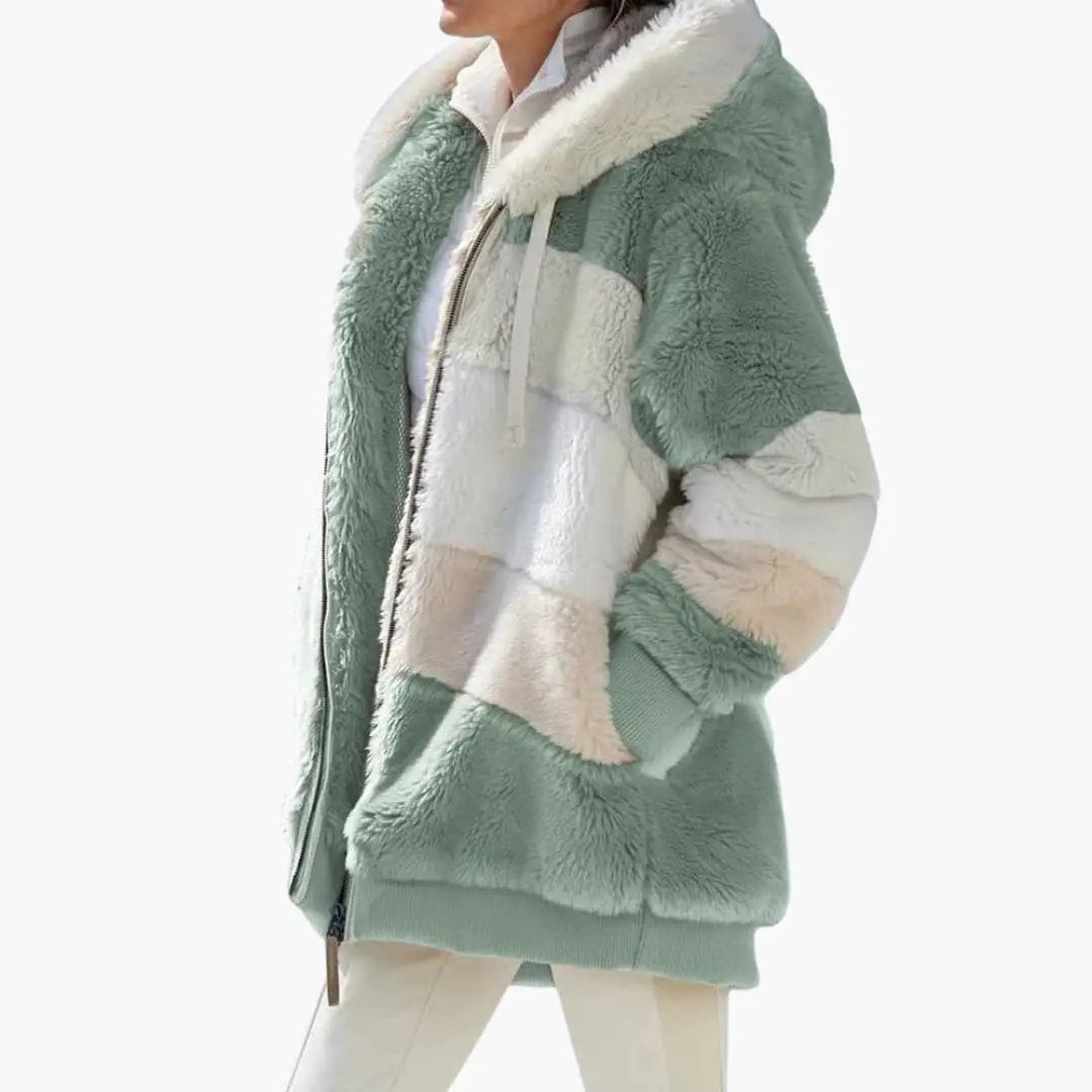Women's faux-fur jacket with hood, color-blocked green and cream, zip front