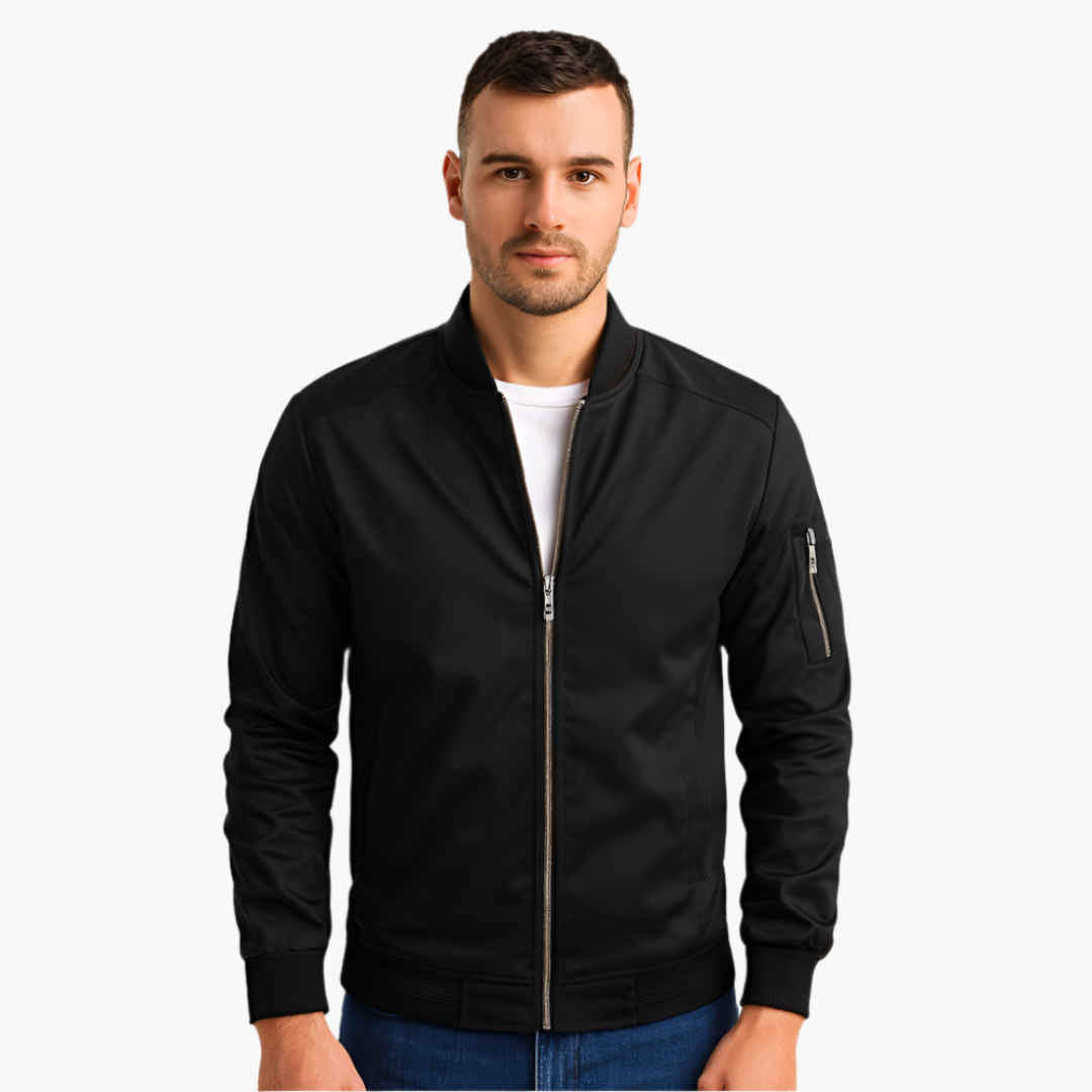 Men's black bomber jacket with zip front, ribbed hem and cuffs, and zip pocket on the left sleeve.