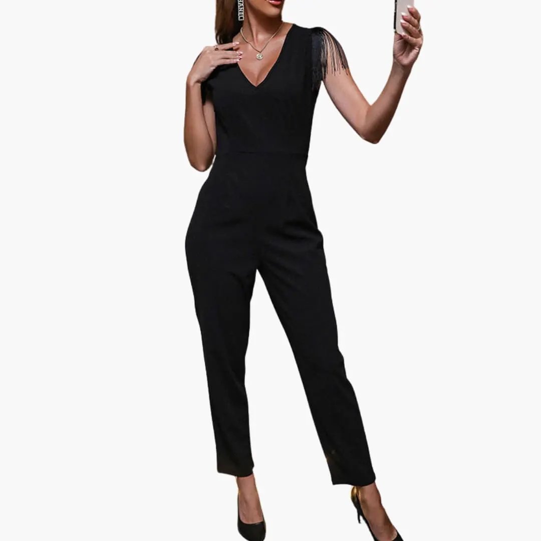 Women’s V-Neck Jumpsuit with Fringe Detail, sleeveless black one-piece by Wilfred Smith