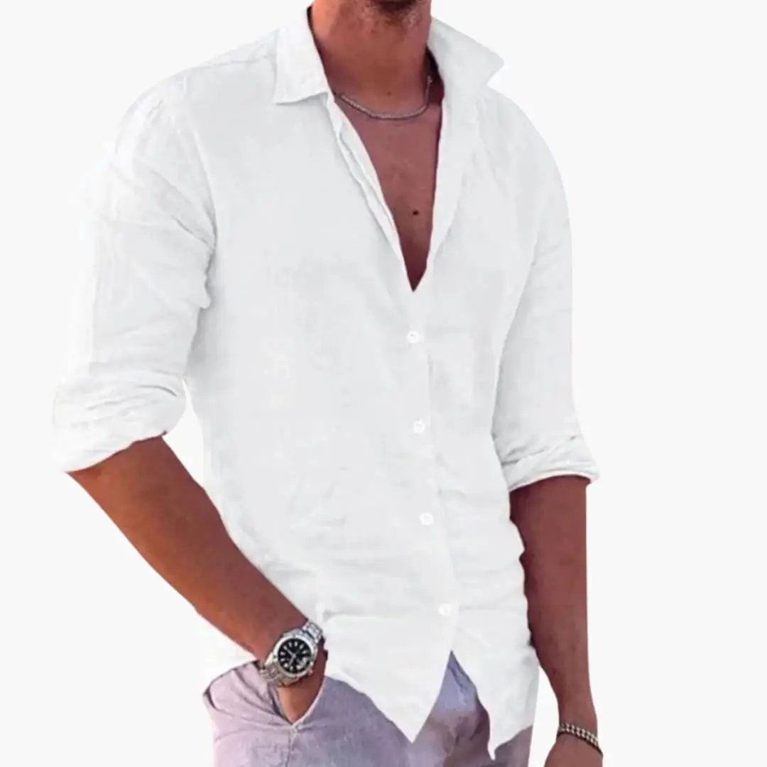 Summer shirt for men, white lightweight casual shirt with rolled sleeves and open collar.