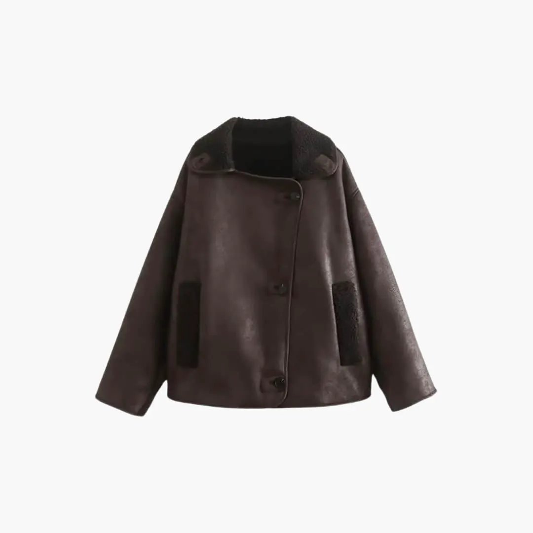 Elegant women's brown leather jacket with warm fleece collar and patch pockets