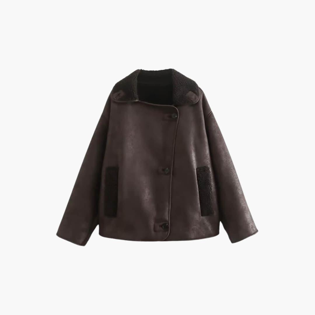 Leather jacket, brown, Wilfred Smith women's jacket with shearling collar, long sleeves, button-front.