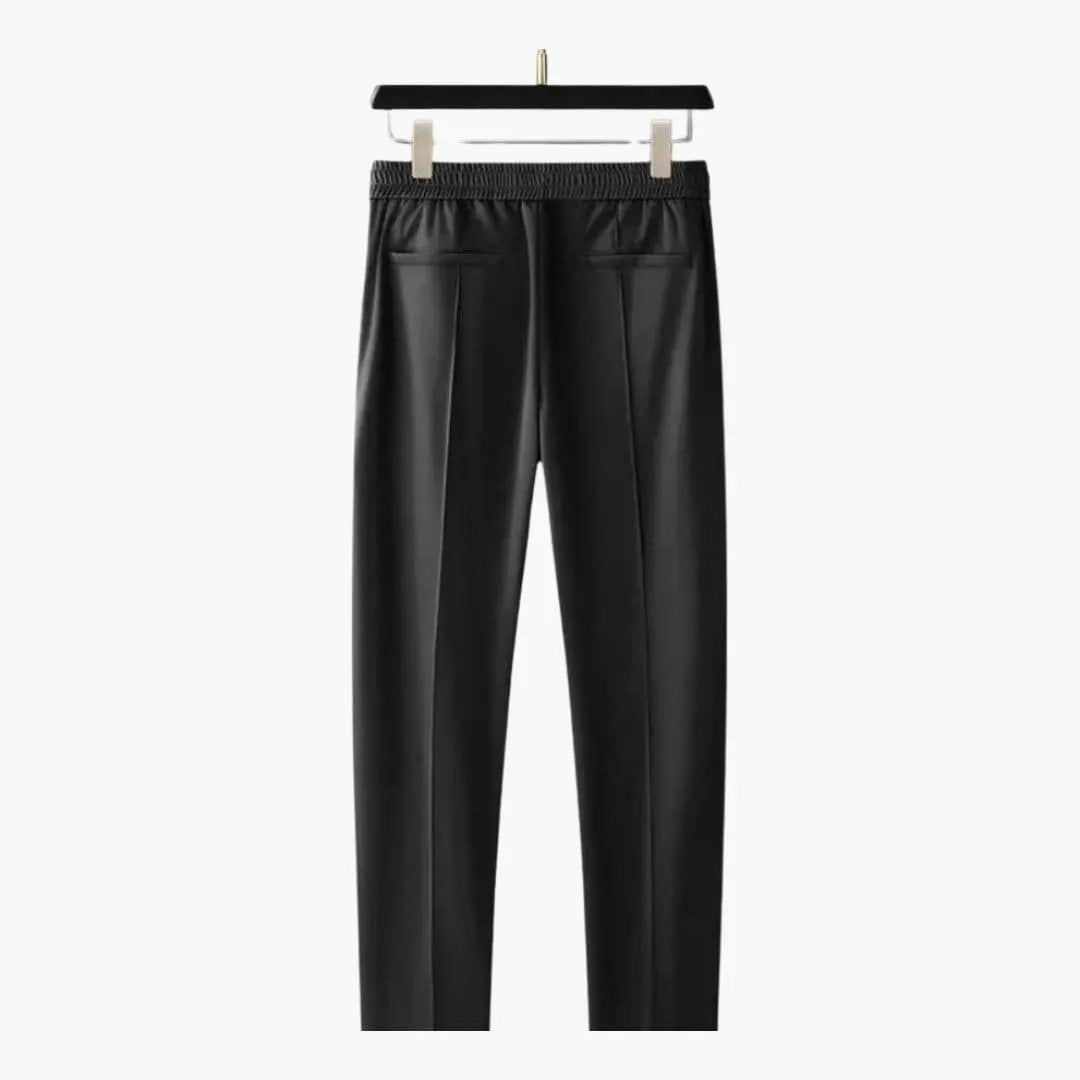 Men's Wilfred Smith black slim-fit pants from a summer two-piece outfit set, with elastic waistband and back pockets.