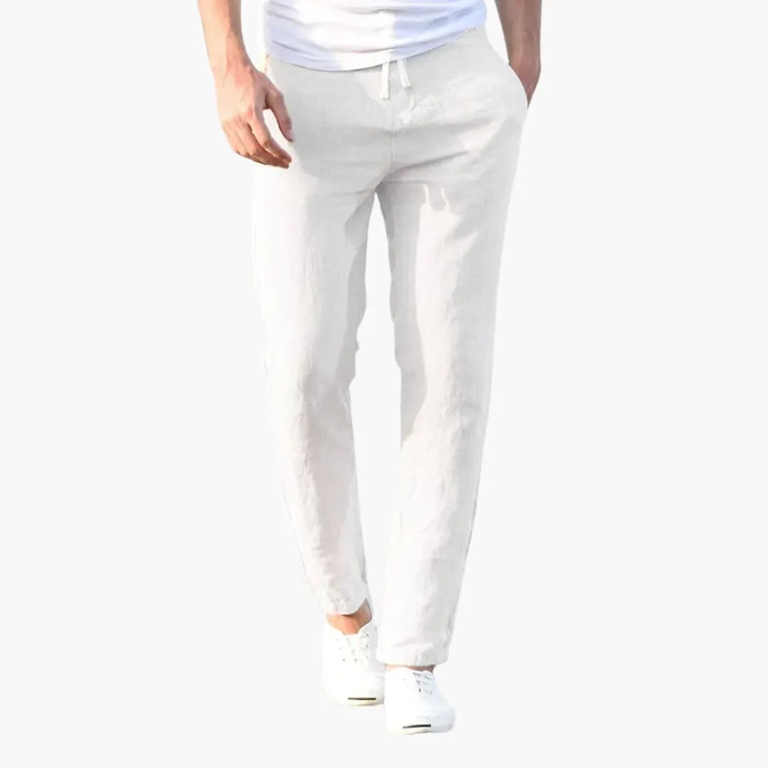 Men's Summer Pants with Drawstring and Side Pockets by Wilfred Smith in light beige.