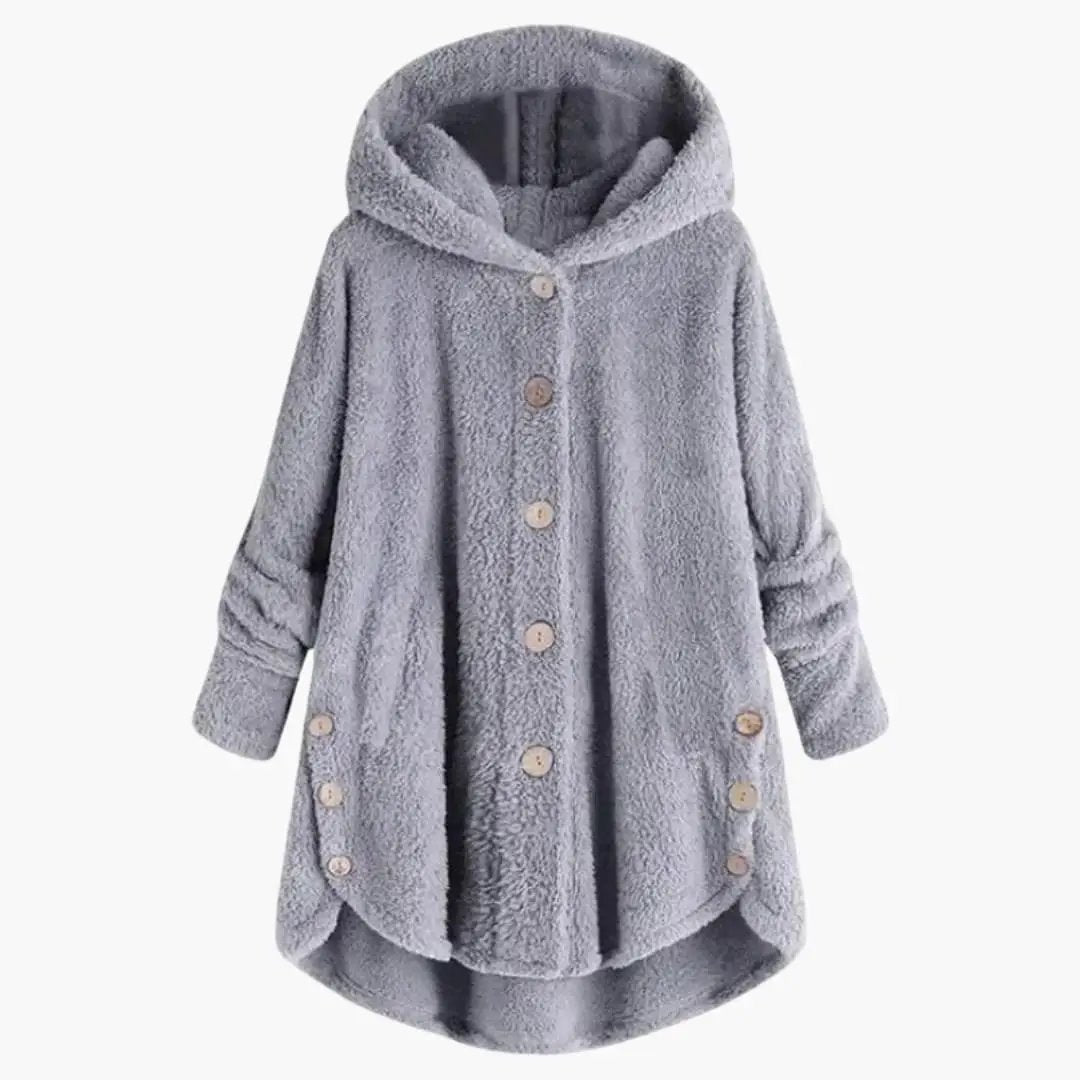 Women's hooded jacket by Wilfred Smith, gray with front button closure.