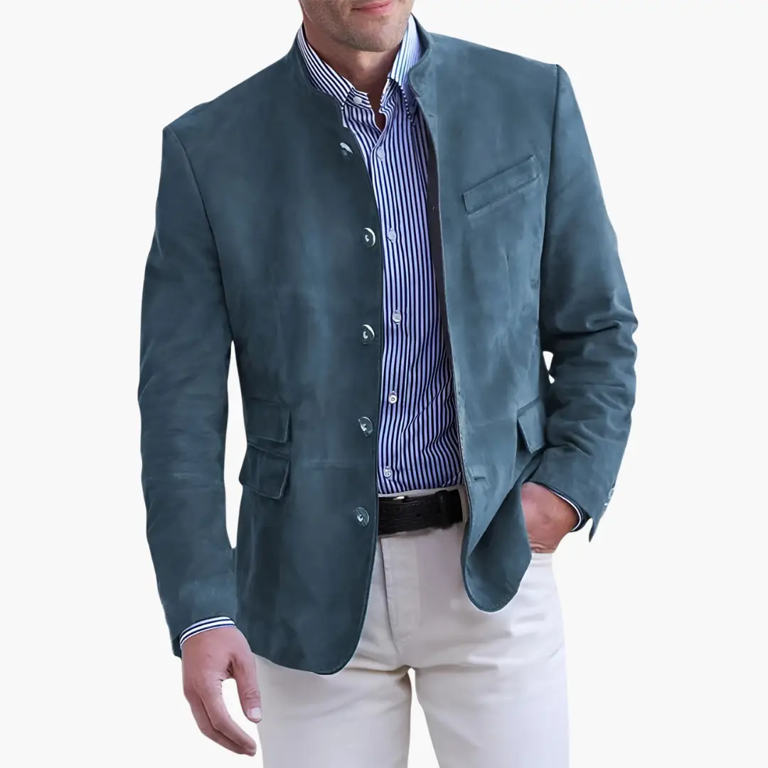 Men's teal textured jacket with button closure, worn over a striped shirt.