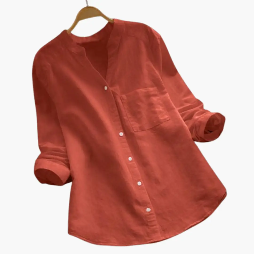 Loose-Fitting Blouse for Women with long sleeves, stand-up collar, coral red, chest pocket
