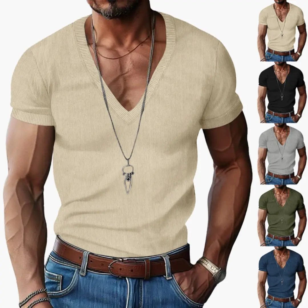 Women's V-Neck Short Sleeve T-Shirt in beige ribbed knit; Wilfred Smith, six color options shown.