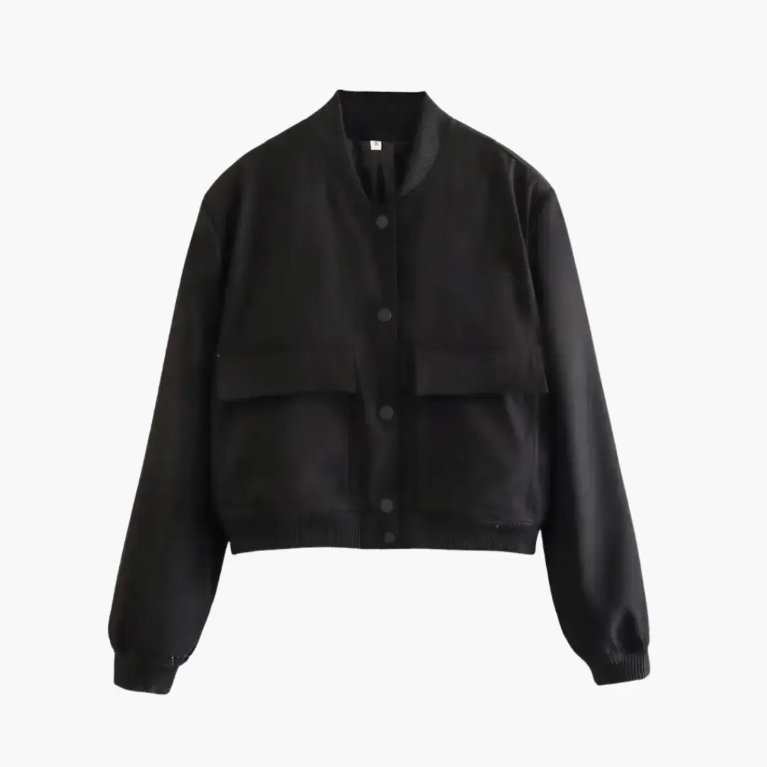 Women's utility bomber jacket with large pockets in black by Wilfred Smith