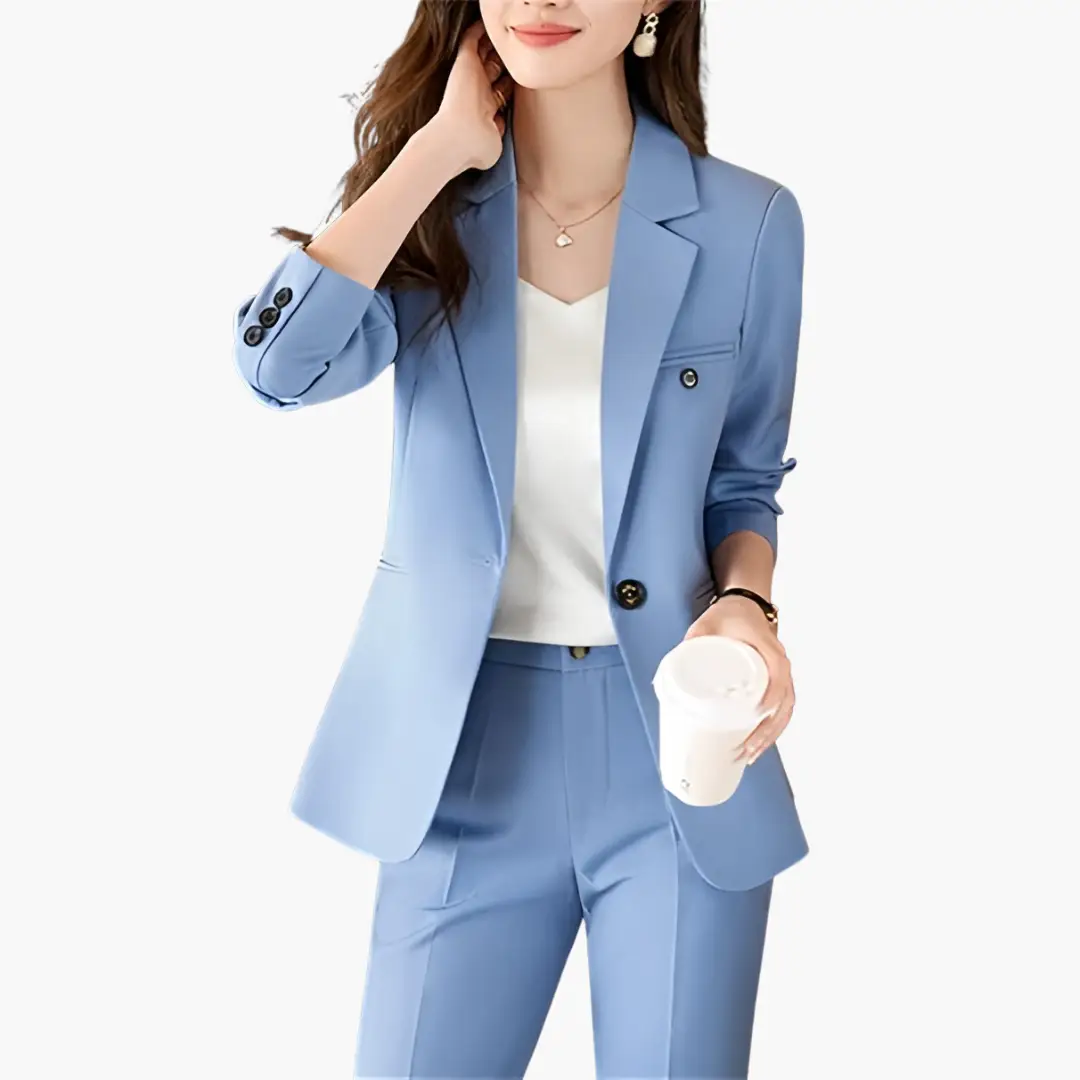 Blazer two-piece set for women in light blue with lapel, front button placket, and matching pants
