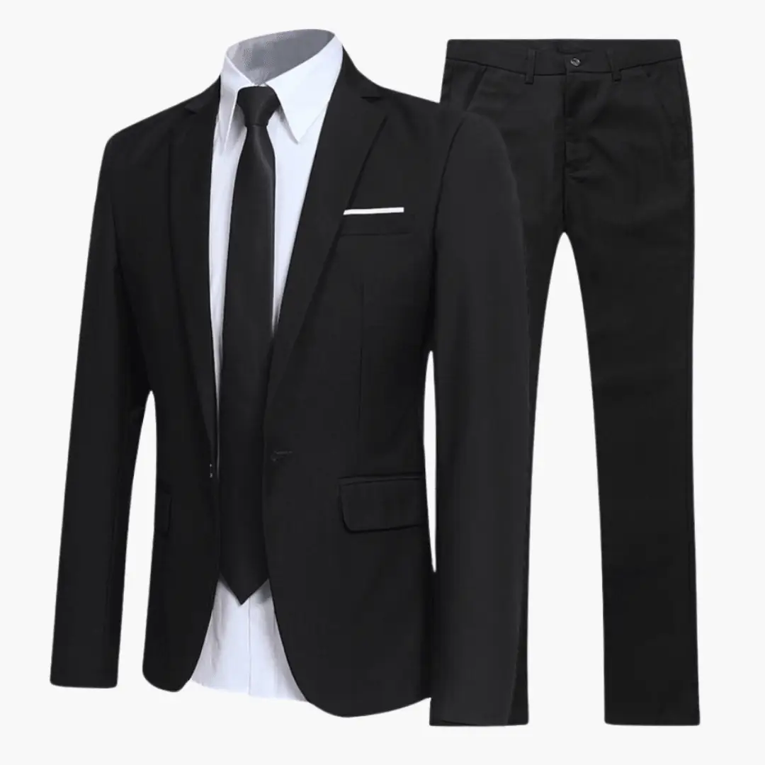 Men's 3-piece black suit set with tie by Wilfred Smith; blazer and trousers.