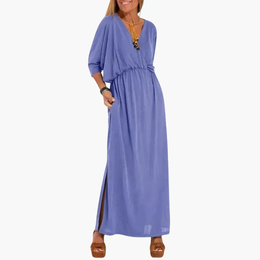 Women's V-Neck Dress with 3/4 Sleeves, purple maxi by Wilfred Smith with elastic waist and side slit