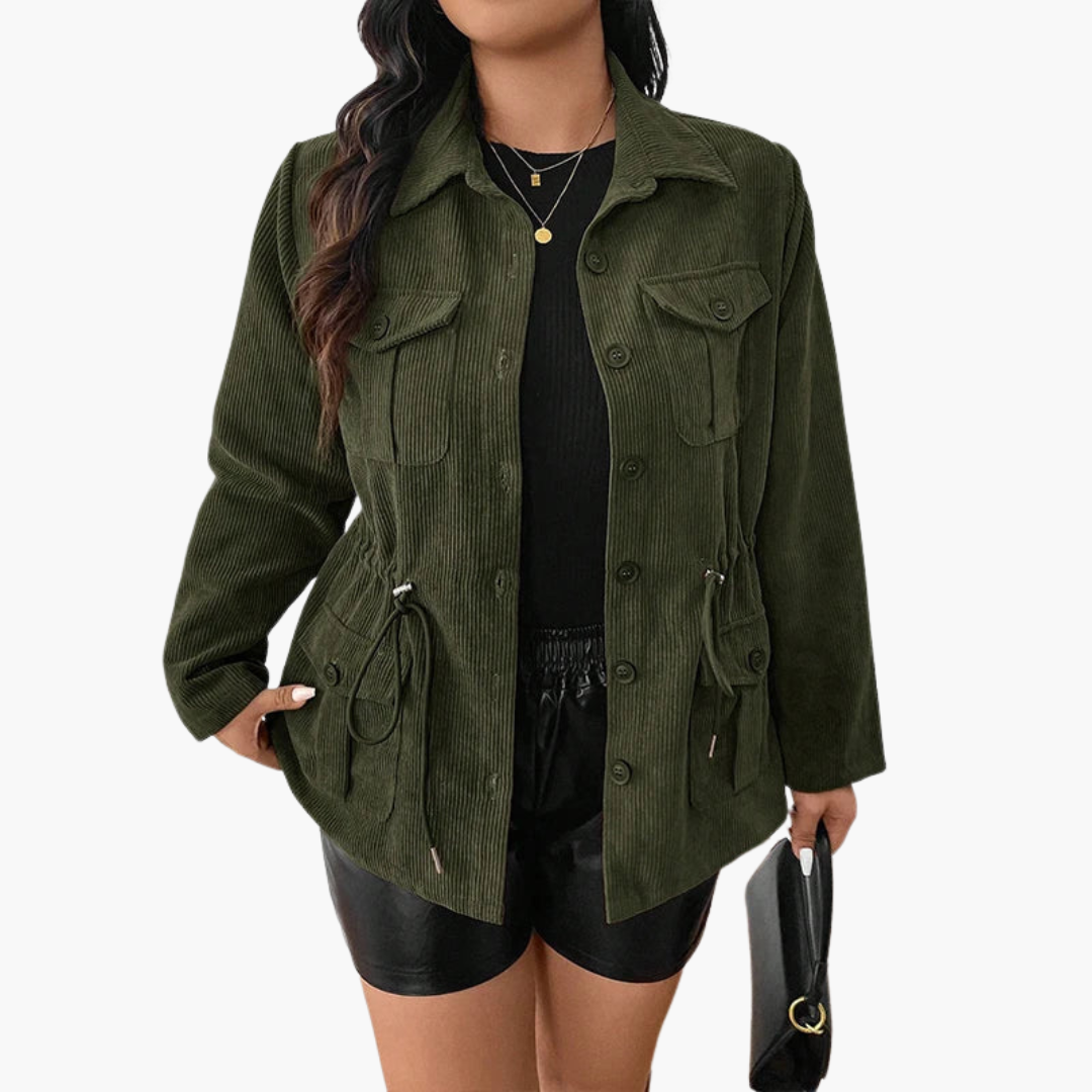 Women's olive green corduroy jacket with waist drawstring, front pockets, and button-front closure