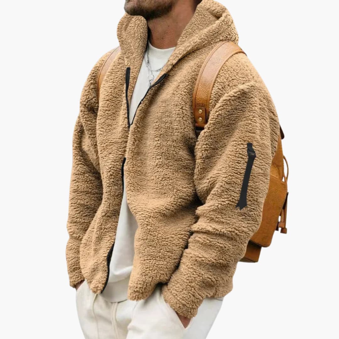 Men's tan sherpa fleece hoodie jacket with zip front