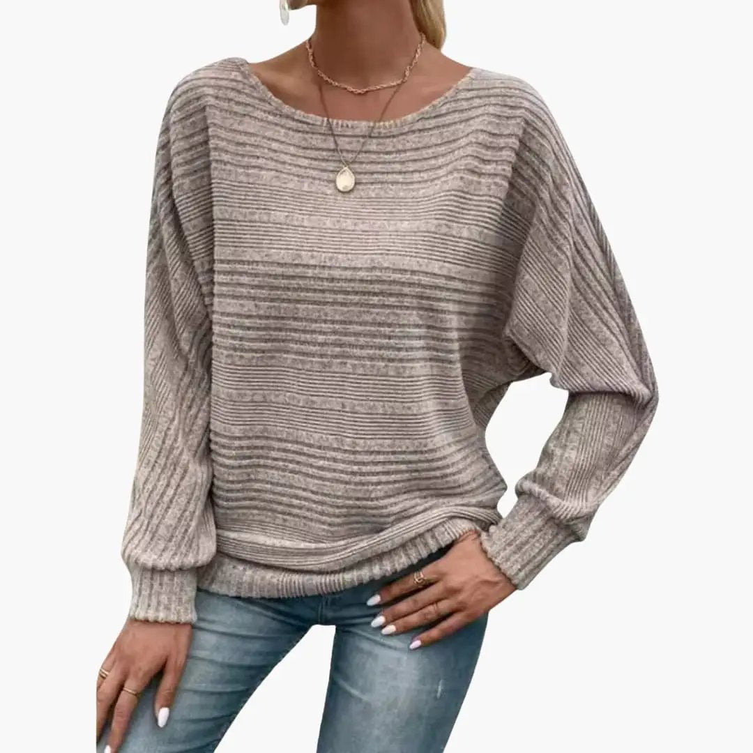 Women's boat-neck striped knit sweater, relaxed fit in beige gray