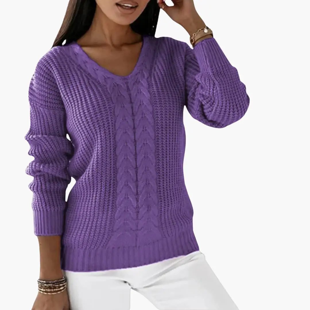 Women's purple long-sleeve pullover with V-neck and cable-knit texture.